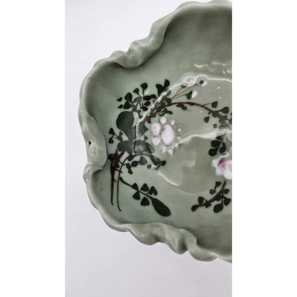 Antique Japanese Meiji Celadon Porcelain Brush Washer Cherry Blossoms